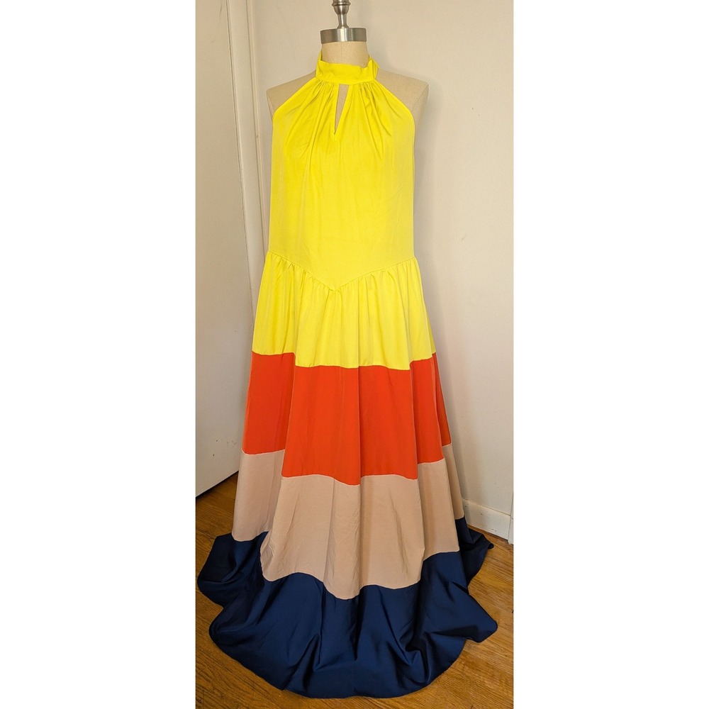 Colorblock Tiered Boho Smocked Halter Maxi Dress Size 1X Euro Summer Coastal